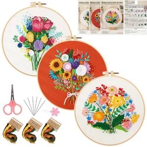 Floral Embroidered Hoop DIY Art Set of Three